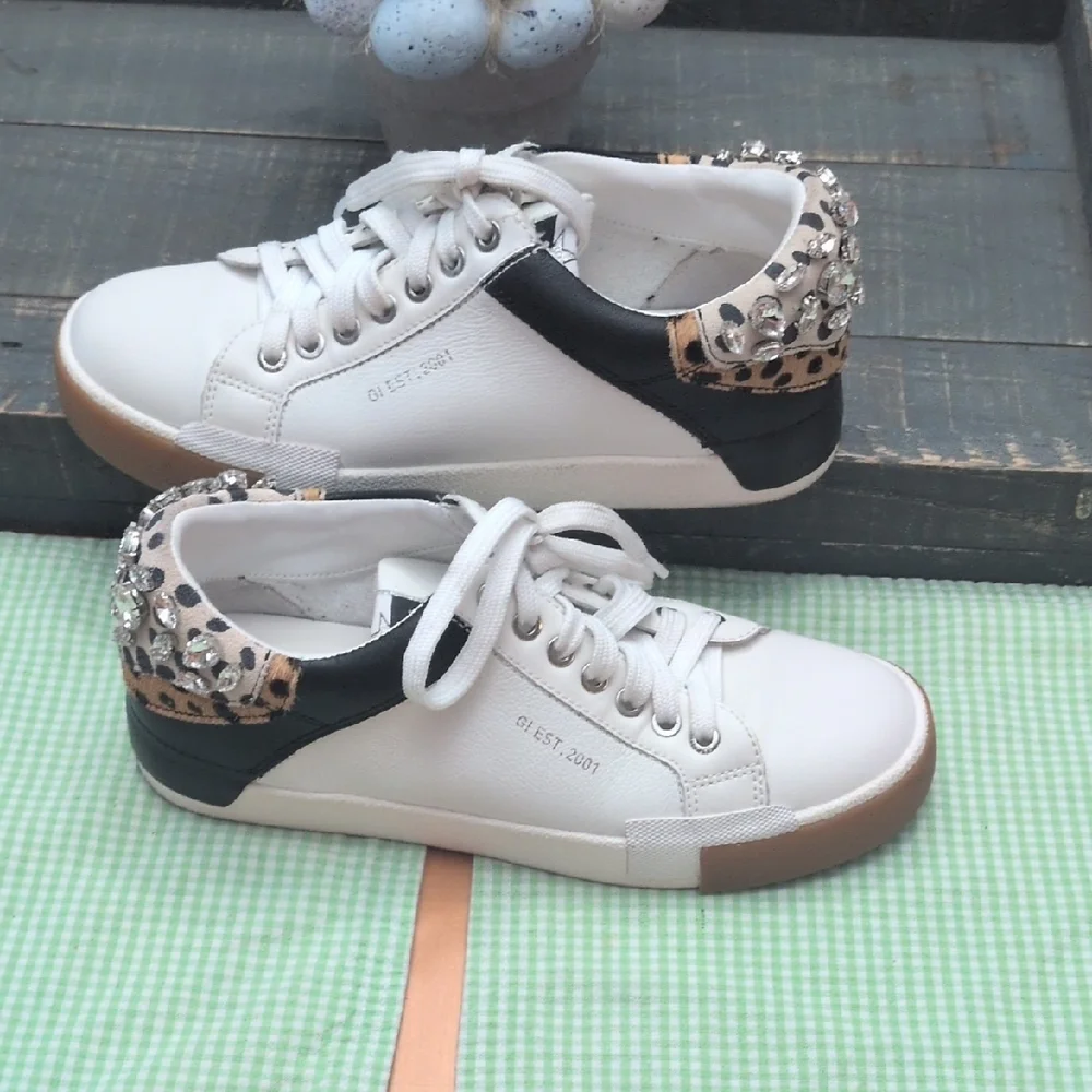Gianni Bini White Leather Sneakers with Black Heel and Crystal Accents